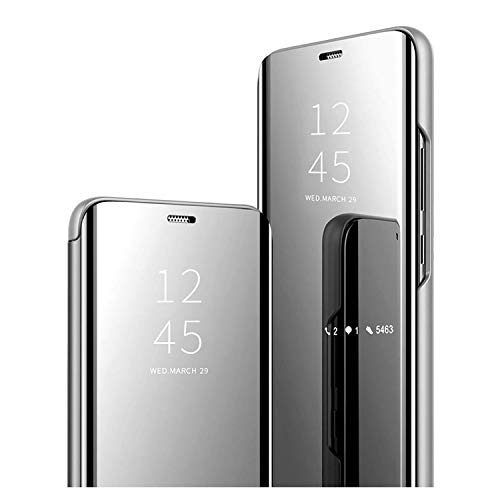 GOGME Hülle für Samsung Galaxy A53 5G, Spiegel Smart View Handyhülle PC/PU Premium Leder Flip Case Cover, Stand Mirror Schutzhülle mit Klappbarer Ständer. Silber von GOGME