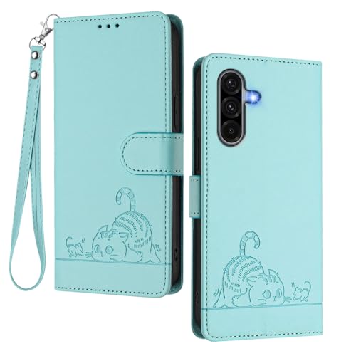 GOGME Hülle für Samsung Galaxy A56 5G - Süße Katze Geprägtes Leder Wallet Stoßfest Handyhülle Schutzhülle mit Kartenfächern/RFID Blockierung/Standfunktion, Hellgrün GOGME Hülle für Samsung Galaxy A56 5G - Süße Katze Geprägtes Leder Wallet Stoßfest Handyhülle Schutzhülle mit Kartenfächern/RFID Blockierung/Standfunktion, Hellgrün von GOGME