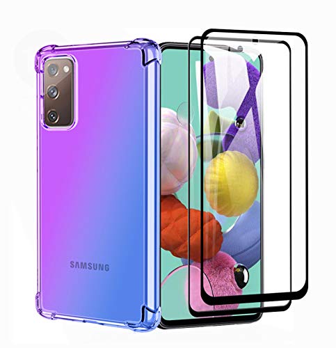 GOGME Hülle für Samsung Galaxy S20 FE (Fan Edition) Handyhülle + 2 Panzerglas, [Vier Ecken Verstärken] Weiche Transparent Silikon Soft TPU Case Schock-Absorption Durchsichtig Schutzhülle (Lila/Blau) von GOGME