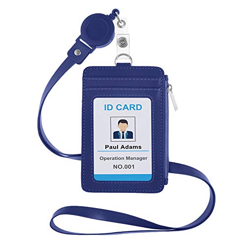GOGO Ausweishüllen, ID-Kartenhalter, PU-Leder Ausweishalter mit einziehbarem Reel Neck Lanyard- Blau von GOGO