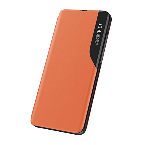 GOKEN Hülle für Samsung Galaxy S22 Ultra 5G, Premium PC/PU Leder Schutzhülle, Spiegel Cover Clear View Case Flip Intelligenten Handyhülle etui Huelle mit Klappbarer Ständer, Orange von GOKEN