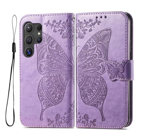 GOKEN Hülle für Samsung Galaxy S24 Ultra 5G, Schutzhülle Case Cover TPU/PU Leder Flip Brieftasche Handytasche mit Kartenfächer & Standfunktion & Muster, Klapp Handyhülle, Helles Lila von GOKEN