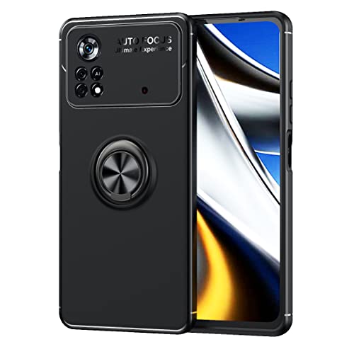 GOKEN Hülle für Xiaomi Poco X4 Pro 5G, Schutzhülle TPU Silikon Handyhülle mit 360 Grad Drehung Fingerring Ständer, Stoßfest Bumper Case Soft Flex Cover, Schwarz+Schwarz von GOKEN