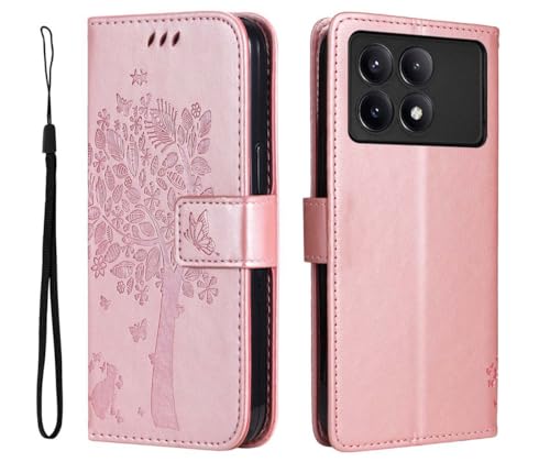 GOKEN Hülle für Xiaomi Poco X6 Pro, Schutzhülle Case Cover TPU PU Flip Leder Brieftasche Handytasche mit Kartenfächer Standfunktion, Klapp Handyhülle Geprägt Muster, Roségold von GOKEN