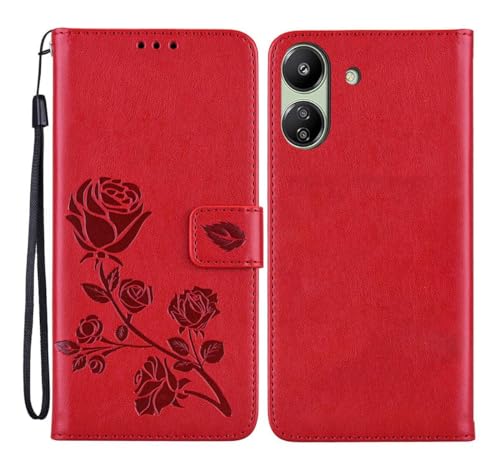 GOKEN Hülle für Xiaomi Redmi 13C / Poco C65, Schutzhülle Case Cover TPU/PU Flip Leder Brieftasche Handytasche mit Kartenfächer/Standfunktion, Klapp Handyhülle Rose Geprägtem, Rot von GOKEN