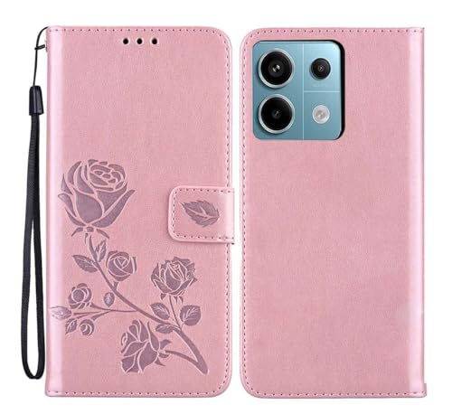 GOKEN Hülle für Xiaomi Redmi Note 13 Pro 5G / Poco X6 5G, Schutzhülle Case Cover TPU/PU Flip Leder Brieftasche Handytasche mit Kartenfächer/Standfunktion, Klapp Handyhülle Rose Geprägtem, Rose Gold von GOKEN