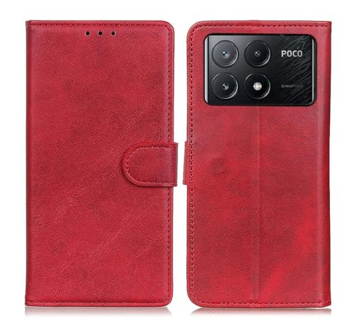 GOKEN Leder Folio Hülle für Xiaomi Poco X6 Pro, Lederhülle Brieftasche Mit Kartensteckplätzen, Premium Flip PU/TPU Handyhülle Schutzhülle Case Cover mit Ständer Funktion (Rot) von GOKEN