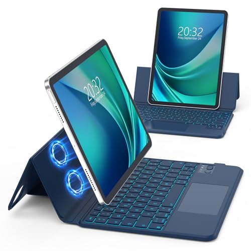 GOKOCO Magnetische Tastatur hülle für 2024 iPad Air (M2) 11″ Keyboard Hülle für iPad Pro 11″ 4./3./2./1.Gen und Air 5./4.Gen,Multi-Touch-Trackpad und 7-farbige Beleuchtete Tastatur,QWERTZ-Blau von GOKOCO