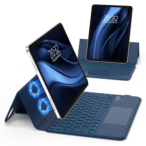 GOKOCO Magnetische Tastatur hülle für iPad Pro 11″(2024 M4),Tastaturhülle für iPad Pro 11″ 5.Gen M4,Verstellbares Hoch-/Querformat,Multi-Touch-Trackpad und 7-farbige Beleuchtete Tastatur,QWERTZ-Blau von GOKOCO