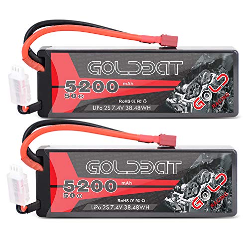 GOLDBAT 2S RC Batterie 50C 5200mah 7,4 V Lipo Rc Batterie Hardcase Mit T-Stecker Für Rc Autos im Maßstab 1:8 und 1/10 Fahrzeuge Auto, LKW, Boote RC Evader BX RC Truggy UAV (2Packs) von GOLDBAT