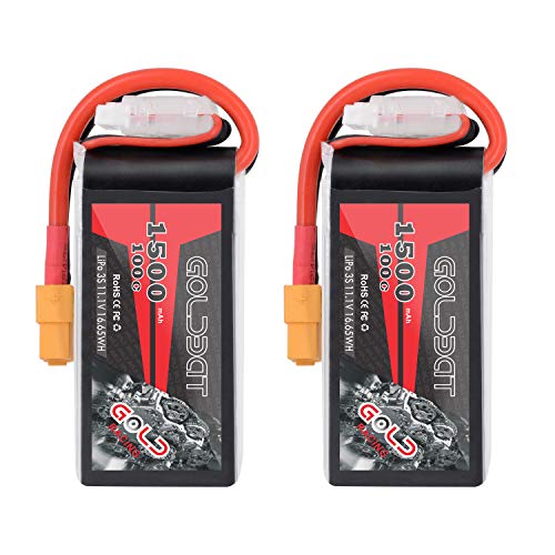 GOLDBAT 3S 11,1V 1500mAh 100C LiPo Wiederaufladbare Batterie mit XT60 Stecker für RC Auto, Skylark m4-fpv250, Mini Shredder 200, Qav250, Vortex, Flugzeug Hubschrauber Drone und FPV (2 Pack) von GOLDBAT