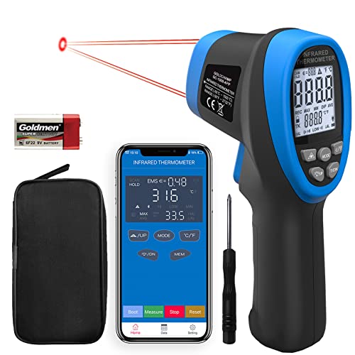 GOLDCHAMP Digitales Infrarot thermometer -50 bis +1500°C, IR Pyrometer Laser Berührungsloses Temperaturmessgerät Temperaturmesser mit Bluetooth D:S=30:1 (Nicht für Menschen) von GOLDCHAMP