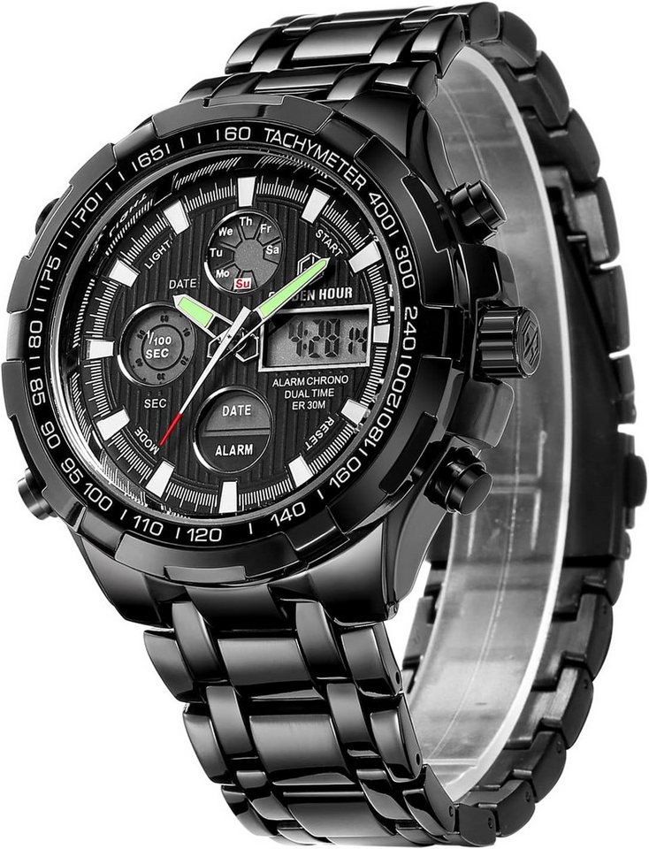 GOLDEN HOUR für Männer Outdoor Sport wasserdichte Watch, Multifunktionale Edelstahl-mit Chronograph, Wecker & LED-Display GOLDEN HOUR für Männer Outdoor Sport wasserdichte Watch, Multifunktionale Edelstahl-mit Chronograph, Wecker & LED-Display von GOLDEN HOUR