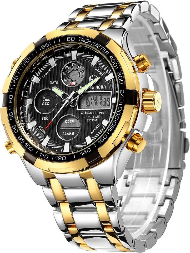 GOLDEN HOUR für Männer Outdoor Sport wasserdichte Watch, Multifunktionale Edelstahl-mit Chronograph, Wecker & LED-Display GOLDEN HOUR für Männer Outdoor Sport wasserdichte Watch, Multifunktionale Edelstahl-mit Chronograph, Wecker & LED-Display von GOLDEN HOUR