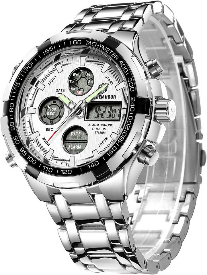 GOLDEN HOUR für Männer Outdoor Sport wasserdichte Watch, Multifunktionale Edelstahl-mit Chronograph, Wecker & LED-Display GOLDEN HOUR für Männer Outdoor Sport wasserdichte Watch, Multifunktionale Edelstahl-mit Chronograph, Wecker & LED-Display von GOLDEN HOUR