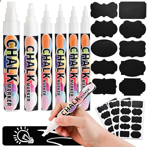 GOLDGE Weiß Kreidestifte für Tafel Abwaschbar White Tafelkreide, 6 Kreidestift 30pcs Etiketten Selbstklebend Fensterstifte Weißer Stift Kinder Kreidemarker Weiss fur Gewürzgläser Glas Deko 1/3/6/10 mm von GOLDGE