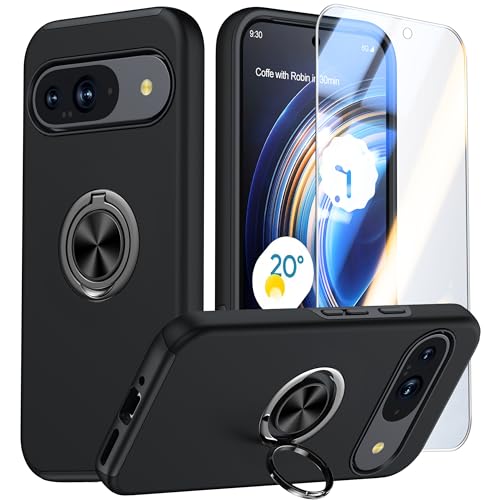 GOLDJU Schutzhülle für Google Pixel 9 (2024), Pixel 9 Hülle mit [1 x Displayschutzfolie aus gehärtetem Glas], 3 m militärisch, stoßfest, 360° drehbarer Ständer, Schutzhülle für Pixel 9 5G, Schwarz von GOLDJU