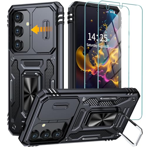 GOLDJU für Samsung Galaxy S24 Hülle mit Slide Camera Cover,drehbarer Kickstand Ring Samsung S24 Hülle[2 * 9H Screen Protector] stoßfest Anti-Scratch S24 5G Hülle-Schwarz von GOLDJU