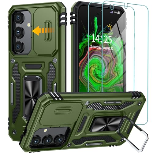GOLDJU für Samsung Galaxy S24 Hülle mit Slide Camera Cover,drehbarer Kickstand Ring Samsung S24 Hülle[2 * 9H Screen Protector] stoßfest Anti-Scratch S24 5G Hülle-grün von GOLDJU