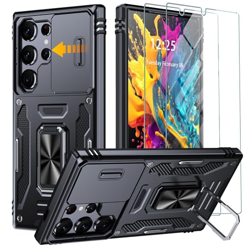 GOLDJU für Samsung Galaxy S24 Ultra Hülle mit Slide Camera Cover,drehbarer Kickstand Ring Samsung S24 Ultra Hülle[2 * 9H Screen Protector] stoßfest Anti-Scratch S24 Ultra 5G Hülle-Schwarz von GOLDJU