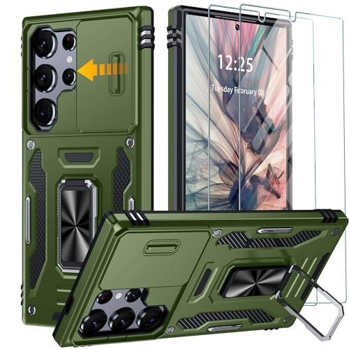 GOLDJU für Samsung Galaxy S24 Ultra Hülle mit Slide Camera Cover,drehbarer Kickstand Ring Samsung S24 Ultra Hülle[2 * 9H Screen Protector] stoßfest Anti-Scratch S24 Ultra 5G Hülle-grüner von GOLDJU