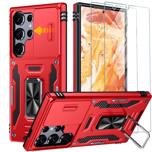 GOLDJU für Samsung Galaxy S24 Ultra Hülle mit Slide Camera Cover,drehbarer Kickstand Ring Samsung S24 Ultra Hülle[2 * 9H Screen Protector] stoßfest Anti-Scratch S24 Ultra 5G Hülle-rot von GOLDJU