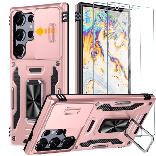 GOLDJU für Samsung Galaxy S24 Ultra Hülle mit Slide Camera Cover,drehbarer Kickstand Ring Samsung S24 Ultra Hülle [2 * 9H Screen Protector] stoßfest und Kratzfest S24 Ultra 5G Hülle-Roségold von GOLDJU