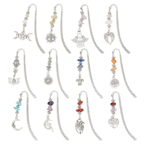 GOMAKERER 12 Stück 12 Stile Edelstein-Perlen-Lesezeichen, Antik-Silber-Stein-Haken-Lesezeichen Legierung Tibetischer Stil Anhänger Lesezeichen Mit Herz Sonne Monde Für Lehrer, Schüler, Geschenk GOMAKERER 12 Stück 12 Stile Edelstein-Perlen-Lesezeichen, Antik-Silber-Stein-Haken-Lesezeichen Legierung Tibetischer Stil Anhänger Lesezeichen Mit Herz Sonne Monde Für Lehrer, Schüler, Geschenk von GOMAKERER