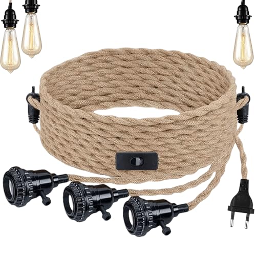 3 Paar Lampenfassung mit Kabel E27, Pendelleuchte Kit mit Schalter, Hanfseil Hängelampe 6.8 M Textilkabel Lampenkabel Kit für Wohnzimmer DIY Vintage Hängeleuchte Kronleuchter, Ohne Glühbirne 3 Paar Lampenfassung mit Kabel E27, Pendelleuchte Kit mit Schalter, Hanfseil Hängelampe 6.8 M Textilkabel Lampenkabel Kit für Wohnzimmer DIY Vintage Hängeleuchte Kronleuchter, Ohne Glühbirne von GOMETY