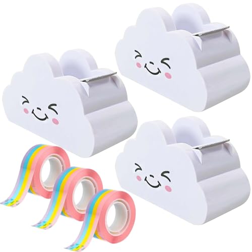 3 Stück Klebebandspender, Wolke Klebestreifen Abroller, Süßer Klebebandabroller mit 3 Rolle Regenbogen Klebebandrolle, Klebeband Abroller in Form von Wolke für Büro und Zuhause von GOMETY