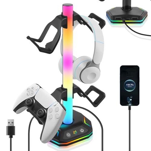 RGB Headset Halterung, RGB Gaming Kopfhörer Ständer, 7+1+1 Ambience-Modus, USB Type-C Datenübertragung, Universal Speicher Organizer für Gamer PC Xbox ONE PS5 Gaming Zubehör(Schwarz) von GOMETY