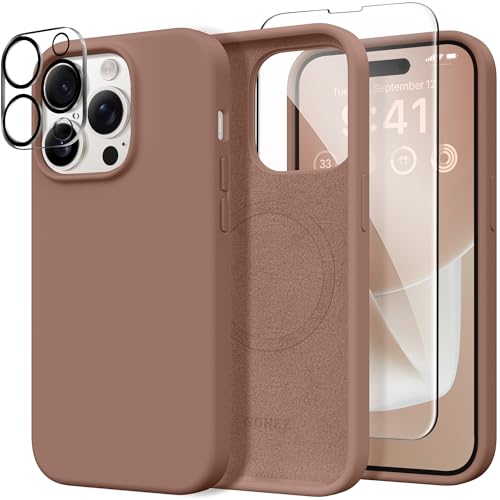 GONEZ 3 in 1 für iPhone 14 Pro Max Hülle, Kompatibel mit Magsafe, mit 1X [Bildschirmschutz + Kameralinsenschutz], Schlankes Magnetisches Silikon, Ganzkörper Hülle, Braun von GONEZ