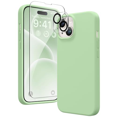 GONEZ 5 in 1 für iPhone 14 Hülle, mit 2X[Bildschirmschutz + Kameralinsenschutz], Hautfreundliche Berührung, [Weiche Anti-Kratzer Mikrofaser Futter], Schlank Flüssigsilikon Hülle 6.1", Grün von GONEZ