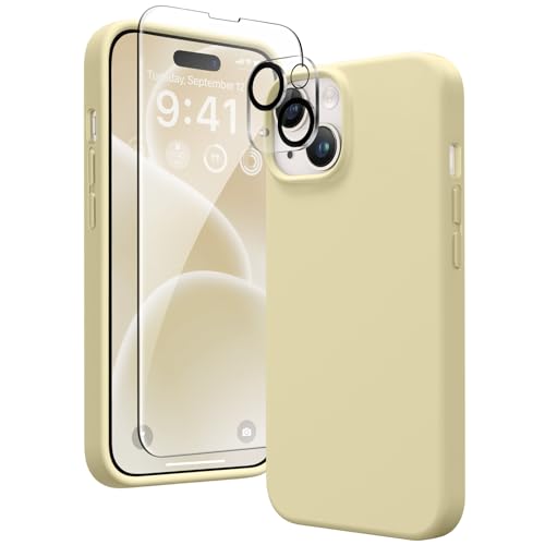 GONEZ 5 in 1 für iPhone 14 Hülle, mit 2X[Bildschirmschutz + Kameralinsenschutz], Hautfreundliche Berührung, [Weiche Anti-Kratzer Mikrofaser Futter], Schlank Flüssigsilikon Hülle 6.1", Cremegelb von GONEZ