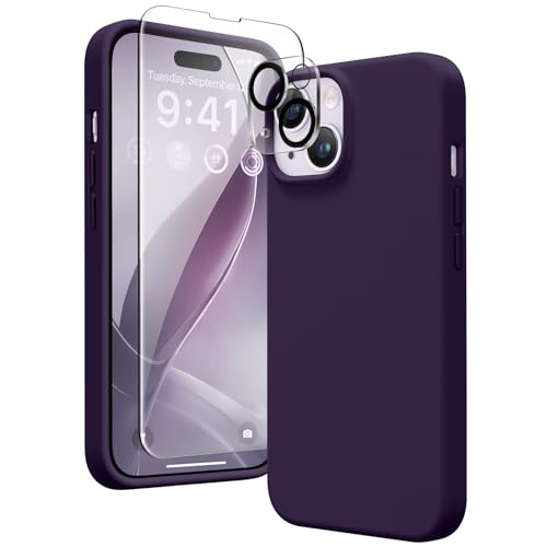 GONEZ 5 in 1 für iPhone 14 Hülle, mit 2X[Bildschirmschutz + Kameralinsenschutz], Hautfreundliche Berührung, [Weiche Anti-Kratzer Mikrofaser Futter], Schlank Flüssigsilikon Hülle 6.1", Tiefviolett von GONEZ