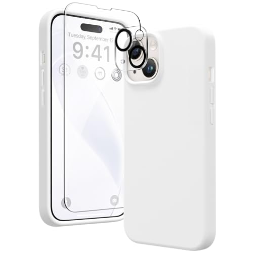 GONEZ 5 in 1 für iPhone 14 Hülle, mit 2X[Bildschirmschutz + Kameralinsenschutz], Hautfreundliche Berührung, [Weiche Anti-Kratzer Mikrofaser Futter], Schlank Flüssigsilikon Hülle 6.1", Weiß von GONEZ