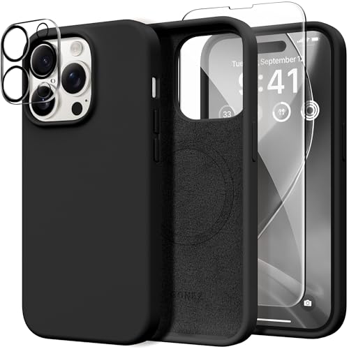 GONEZ 3 in 1 für iPhone 14 Pro Max Hülle, Kompatibel mit Magsafe, mit 1X [Bildschirmschutz + Kameralinsenschutz], Schlankes Magnetisches Silikon, Ganzkörper Hülle, Schwarz von GONEZ