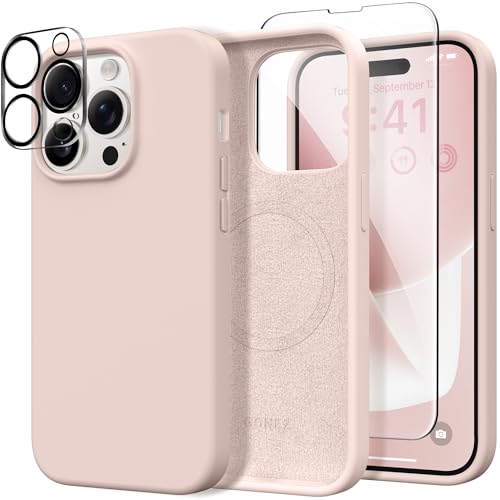 GONEZ 3 in 1 für iPhone 14 Pro Max Hülle, Kompatibel mit Magsafe, mit 1X [Bildschirmschutz + Kameralinsenschutz], Schlankes Magnetisches Silikon, Ganzkörper Hülle, Rosa von GONEZ