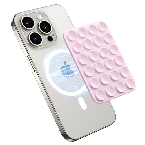 GONEZ Magnet Saugnapf Telefon Halterung, Freisprecheinrichtung Silikon Telefon Griff Halter Kompatibel mit iPhone MagSafe Phone Case, Spiegel Dusche Telefon Ständer für Selfies und Videos, Pastellrosa von GONEZ