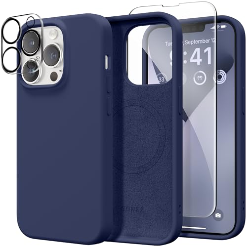 GONEZ Magnetic für iPhone 13 Pro Hülle, [Displayschutz und Kameraschutz], Stoßfeste Silikon Slim Phone Case 6.1″, Weiche Anti-Kratzer Mikrofaser Futter, Mitternachtsblau von GONEZ