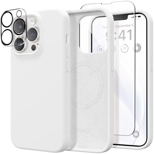 GONEZ Magnetic für iPhone 13 Pro Hülle, [Displayschutz und Kameraschutz], Stoßfeste Silikon Slim Phone Case 6.1″, Weiche Anti-Kratzer Mikrofaser Futter, Weiß von GONEZ