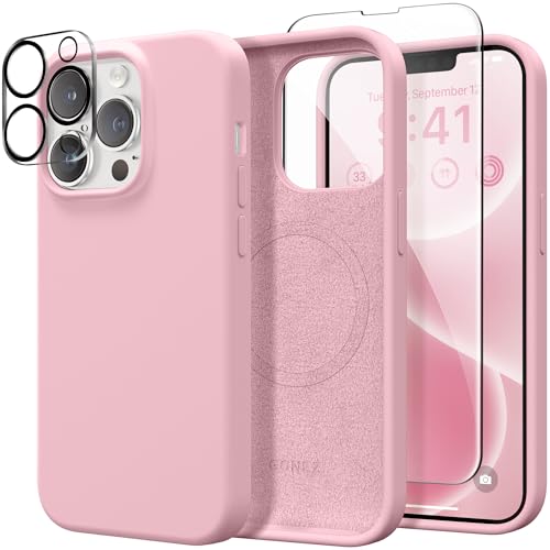 GONEZ Magnetic für iPhone 13 Pro Hülle, [Displayschutz und Kameraschutz], Stoßfeste Silikon Slim Phone Case 6.1″, Weiche Anti-Kratzer Mikrofaser Futter,Pfirsichrosa von GONEZ