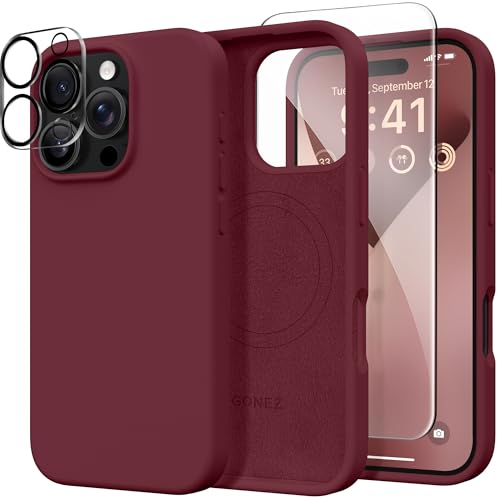 GONEZ Magnetic für iPhone 16 Pro Case, Kompatibel mit MagSafe, [Bildschirmschutz und Kamera Objektivschutz], Silikon Stoßfeste Anti-Kratzer Schutzhülle 6.3 Zoll, Maroon von GONEZ