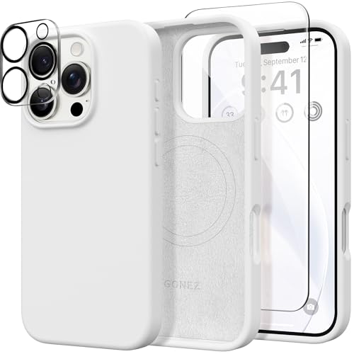 GONEZ Magnetic für iPhone 16 Pro Case, Kompatibel mit MagSafe, [Bildschirmschutz und Kamera Objektivschutz], Silikon Stoßfeste Anti-Kratzer Schutzhülle 6.3 Zoll, Weiß von GONEZ