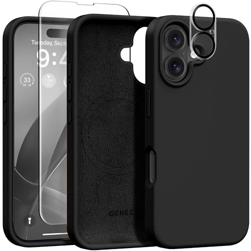 GONEZ Magnetische Hülle für iPhone 16, [Kompatibel mit Magsafe] [Displayschutz + Kameraobjektivschutz], Stoßfeste Schutzhülle aus flüssigem Silikon für iPhone 16 6.1 Zoll, Schwarz von GONEZ