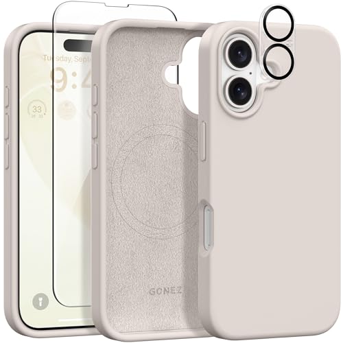 GONEZ Magnetische Hülle für iPhone 16, [Kompatibel mit Magsafe] [Displayschutz + Kameraobjektivschutz], Stoßfeste Schutzhülle aus flüssigem Silikon für iPhone 16 6.1 Zoll, Stein von GONEZ