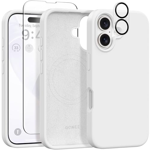 GONEZ Magnetische Hülle für iPhone 16, [Kompatibel mit Magsafe] [Displayschutz + Kameraobjektivschutz], Stoßfeste Schutzhülle aus flüssigem Silikon für iPhone 16 6.1 Zoll, Weiß von GONEZ