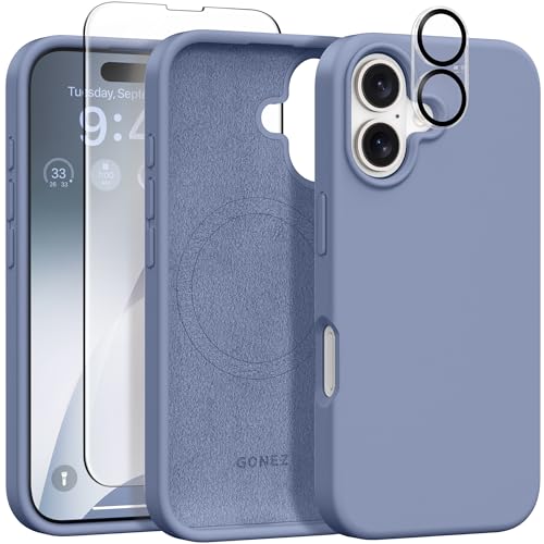 GONEZ Magnetische Hülle für iPhone 16, [Kompatibel mit Magsafe] [Displayschutz + Kameraobjektivschutz], Stoßfeste Schutzhülle aus flüssigem Silikon für iPhone 16 6.1 Zoll, Lavendelgrau von GONEZ