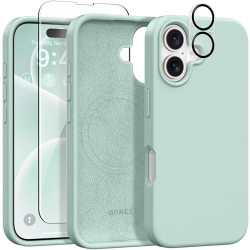 GONEZ Magnetische Hülle für iPhone 16, [Kompatibel mit Magsafe] [Displayschutz + Kameraobjektivschutz], Stoßfeste Schutzhülle aus flüssigem Silikon für iPhone 16 6.1 Zoll, Mintgrün von GONEZ