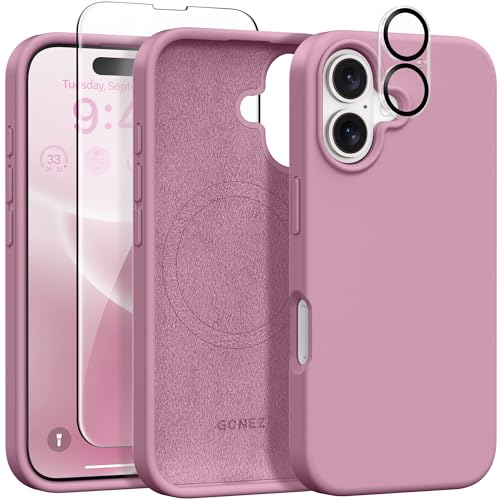 GONEZ Magnetische Hülle für iPhone 16, [Kompatibel mit Magsafe] [Displayschutz + Kameraobjektivschutz], Stoßfeste Schutzhülle aus flüssigem Silikon für iPhone 16 6.1 Zoll, Schwarze Johannisbeere von GONEZ